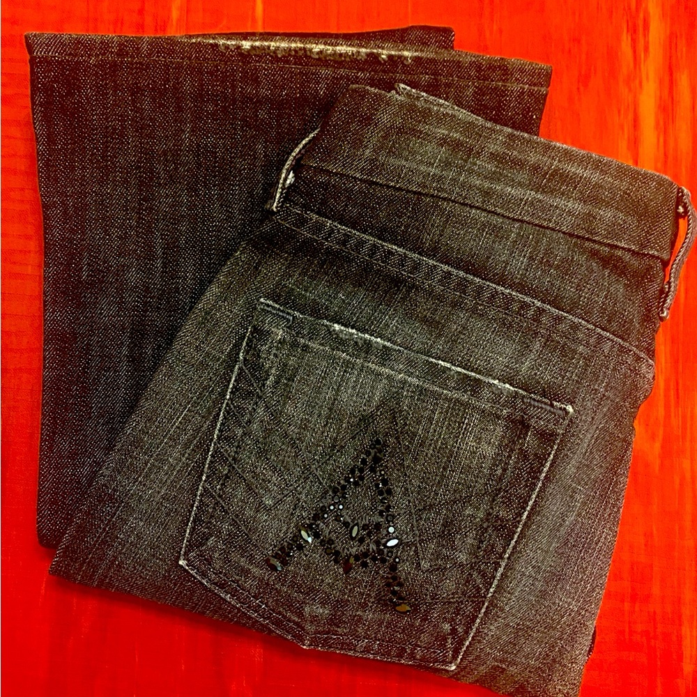 Rare! Vintage 7FAM Swarovski Crystal Dark Wash Flare A Pocket Jeans Size 25
